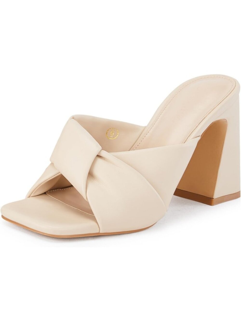 Women's Apricot Faux Leather Summer Square Open Toe Slip On Chunky Heeled Shoes